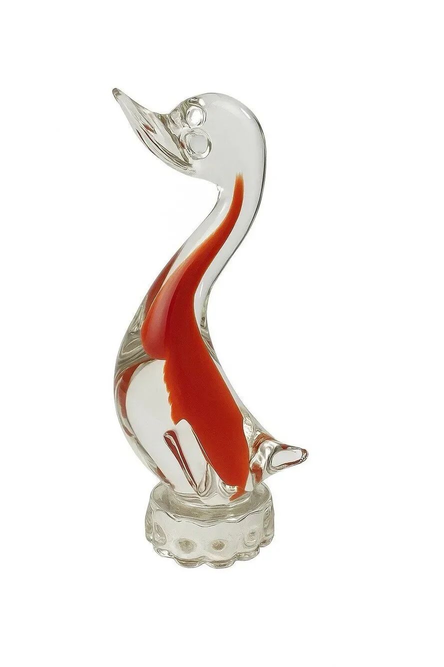 Vintage Murano Style Art Glass Duck Figurine Clear With Red Swirl-Hand BlownMCM